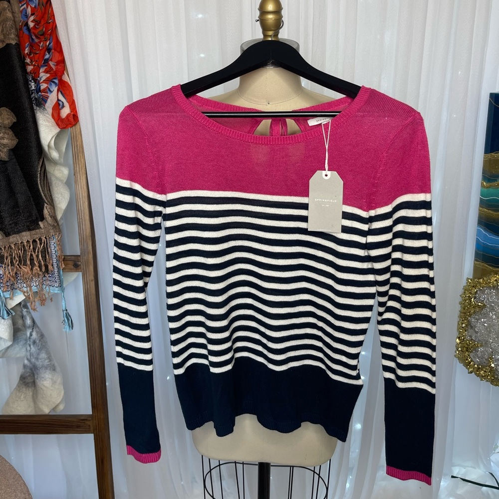 🛳BOGO NWT🛳Springfield Hot Pink White navy striped sweater + starfish Earrings